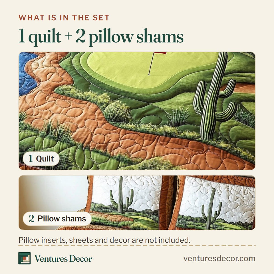 What is in the set: one quilt and two pillow shams, shown in the Southwest Golf Getaway design