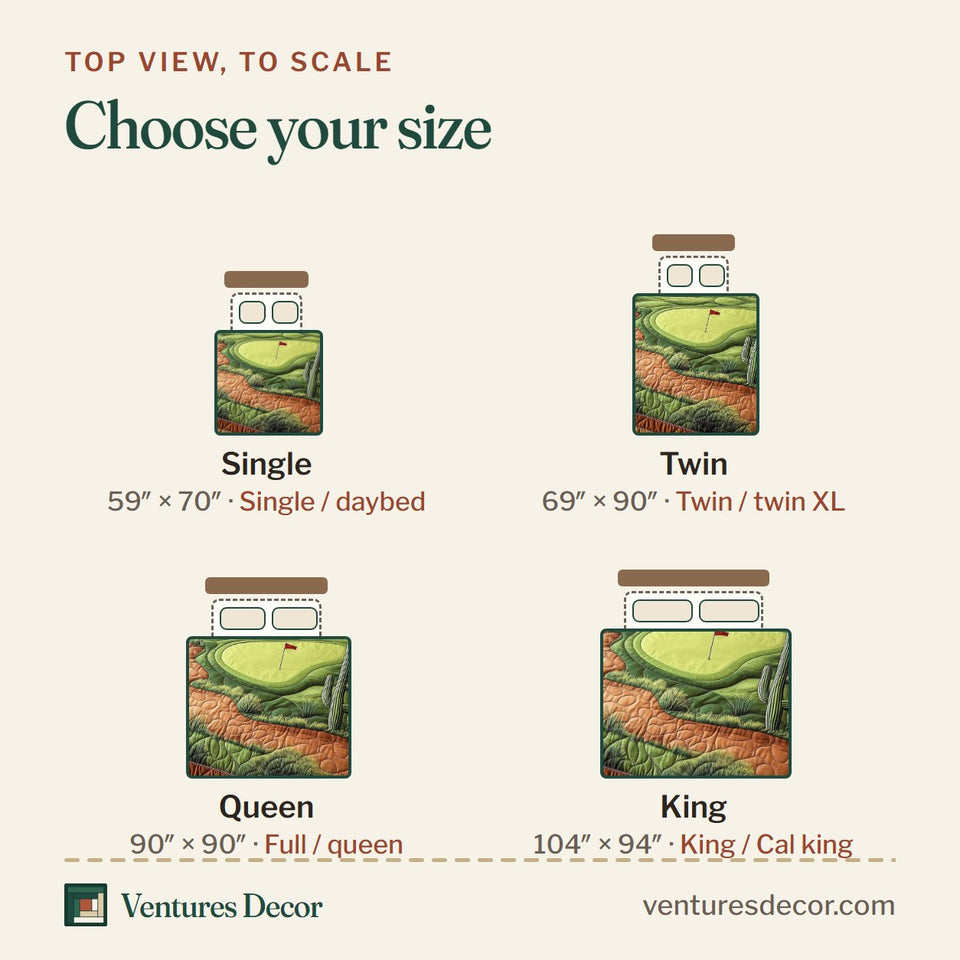 Size guide for the Southwest Golf Getaway quilt, top view to scale: Single 59 x 70 in, Twin 69 x 90 in, Queen 90 x 90 in, King 104 x 94 in