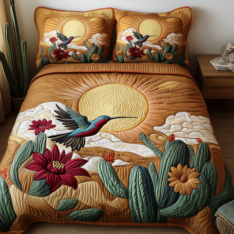 Southwest Spiritual Hummingbird Golden Sun Cactus quilted bedding set, quilt and two pillow shams on a made bed