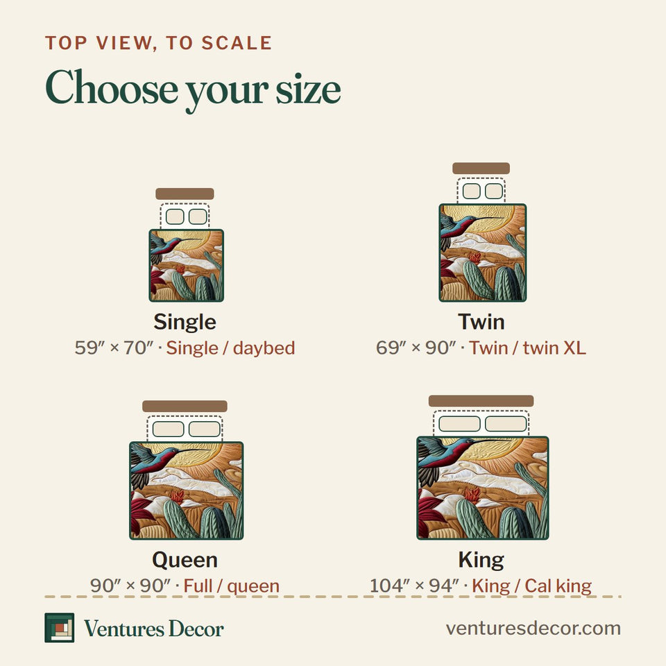 Size guide for the Southwest Spiritual Hummingbird Golden Sun Cactus quilt, top view to scale: Single 59 x 70 in, Twin 69 x 90 in, Queen 90 x 90 in, King 104 x 94 in