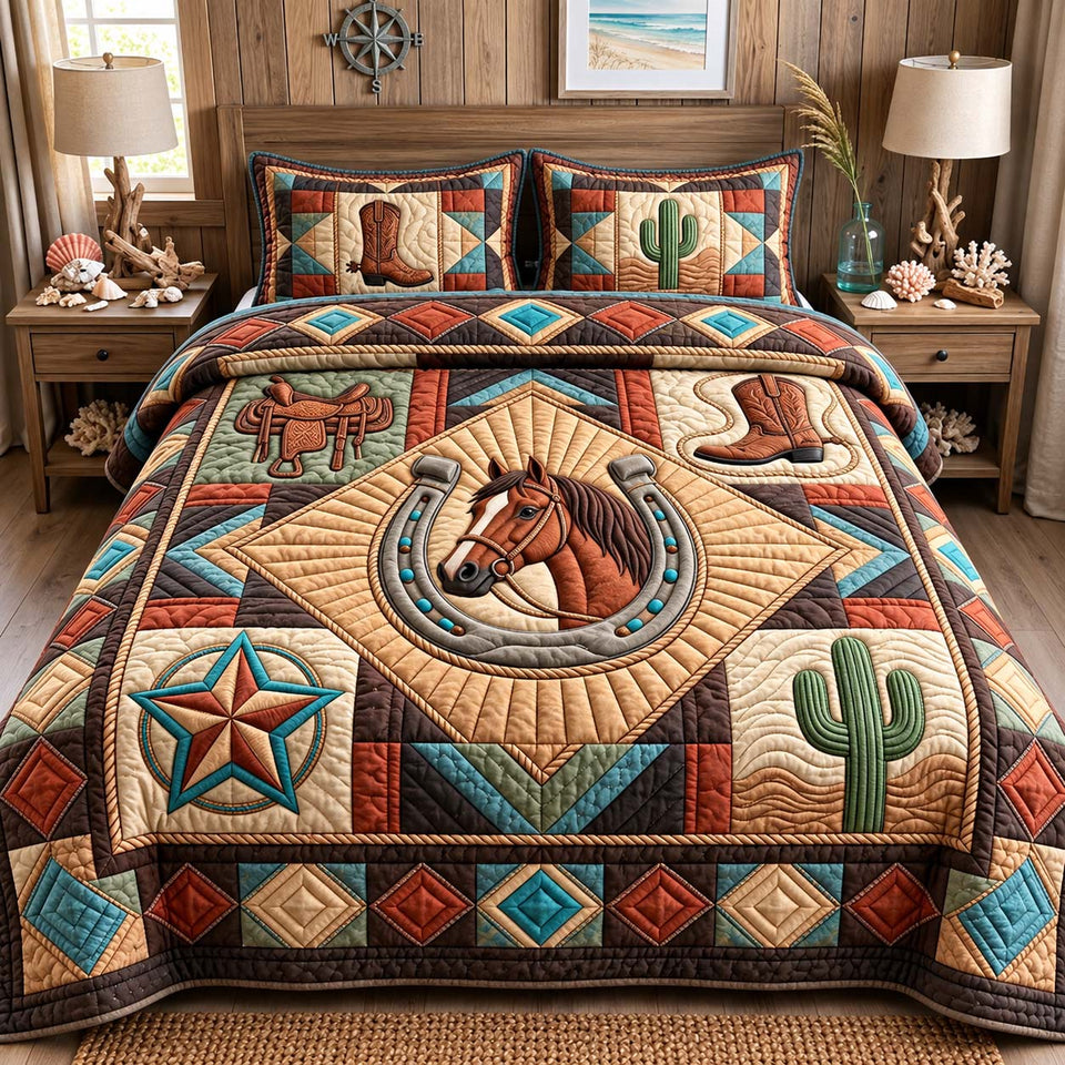 Southwestern Horseshoe Horse quilted bedding set, quilt and two pillow shams on a made bed