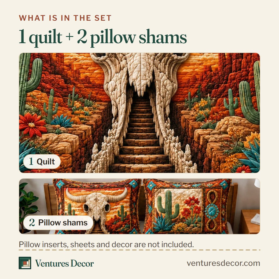 What is in the set: one quilt and two pillow shams, shown in the Southwestern Longhorn Skull Canyon Stairway design