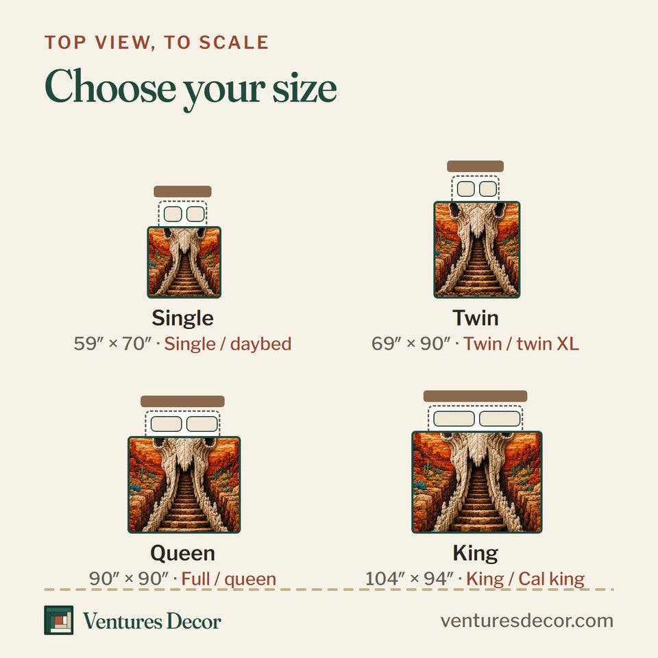 Size guide for the Southwestern Longhorn Skull Canyon Stairway quilt, top view to scale: Single 59 x 70 in, Twin 69 x 90 in, Queen 90 x 90 in, King 104 x 94 in