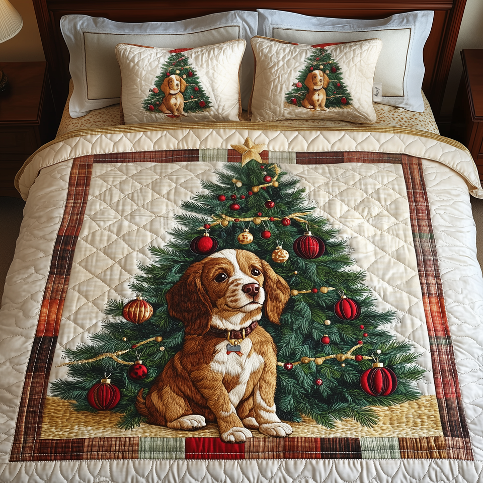 Spaniel Christmas Tree Morning quilted bedding set, quilt and two pillow shams on a made bed