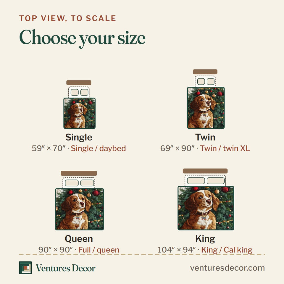 Size guide for the Spaniel Christmas Tree Morning quilt, top view to scale: Single 59 x 70 in, Twin 69 x 90 in, Queen 90 x 90 in, King 104 x 94 in
