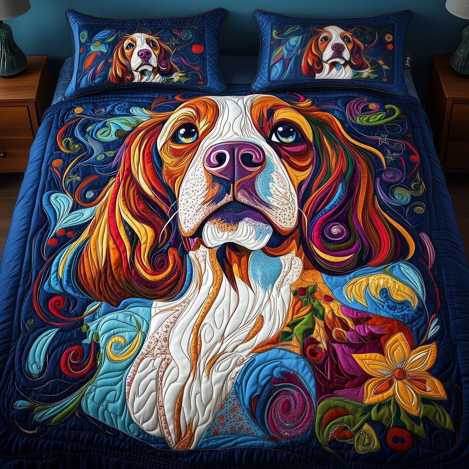 Spaniel Vivid Swirl Portrait quilted bedding set, quilt and two pillow shams on a made bed