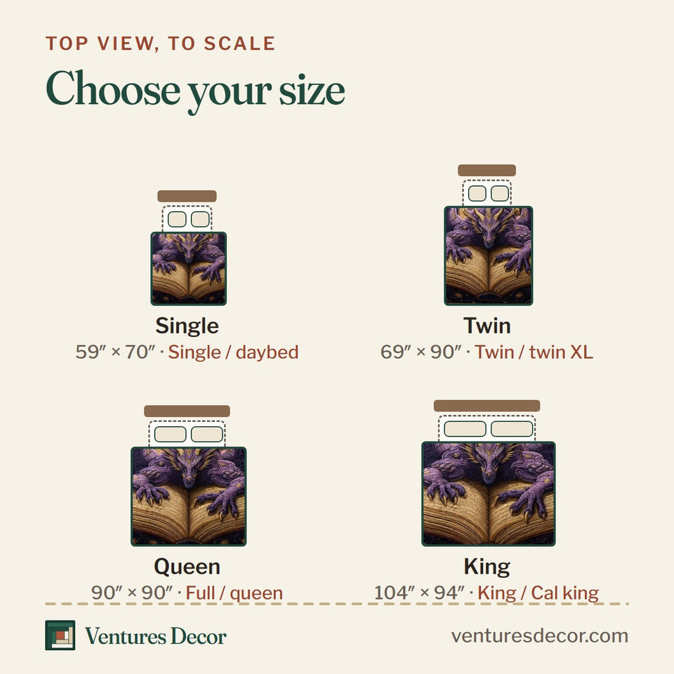 Size guide for the Spellbound Dragon quilt, top view to scale: Single 59 x 70 in, Twin 69 x 90 in, Queen 90 x 90 in, King 104 x 94 in
