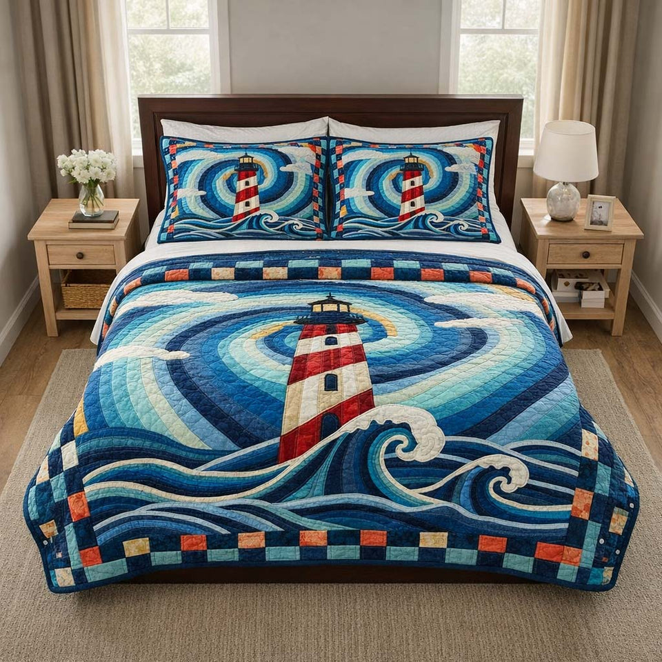 Spiral Beacon quilted bedding set, quilt and two pillow shams on a made bed