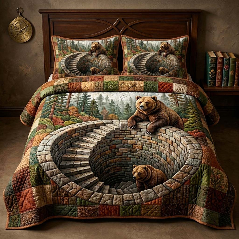 Spiral Bear quilted bedding set, quilt and two pillow shams on a made bed