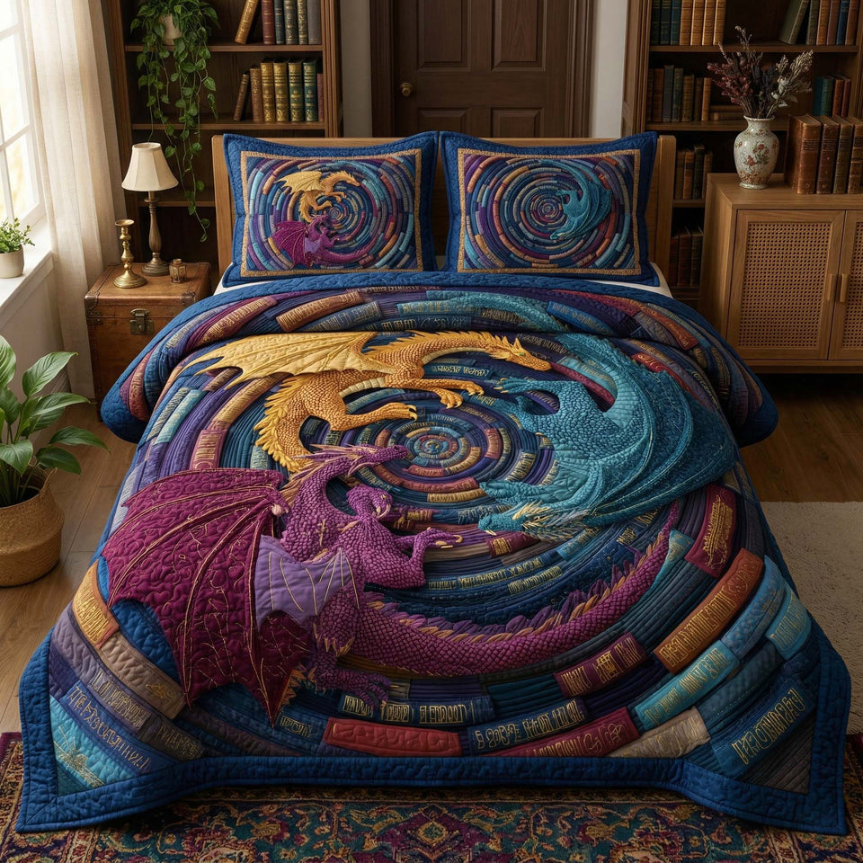 Spiral Legends quilted bedding set, quilt and two pillow shams on a made bed