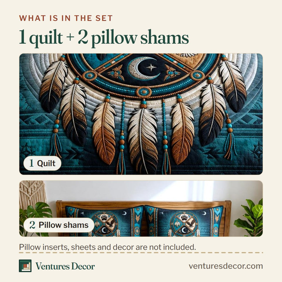 What is in the set: one quilt and two pillow shams, shown in the Spirit Dreams design