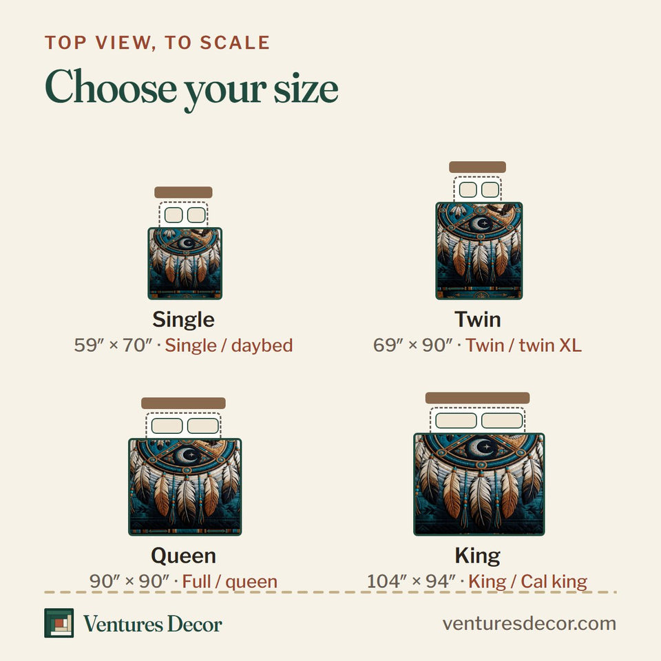 Size guide for the Spirit Dreams quilt, top view to scale: Single 59 x 70 in, Twin 69 x 90 in, Queen 90 x 90 in, King 104 x 94 in