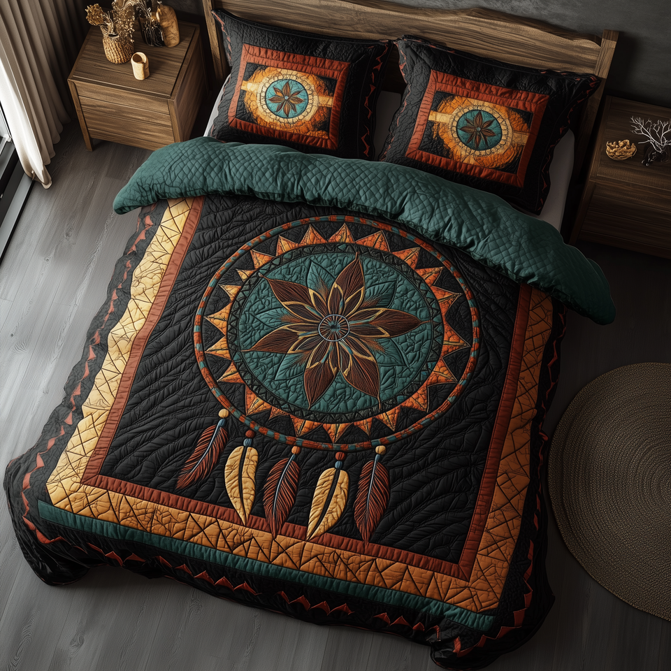 Spirit Guardian Teal Medallion Green Coverlet quilted bedding set, quilt and two pillow shams on a made bed