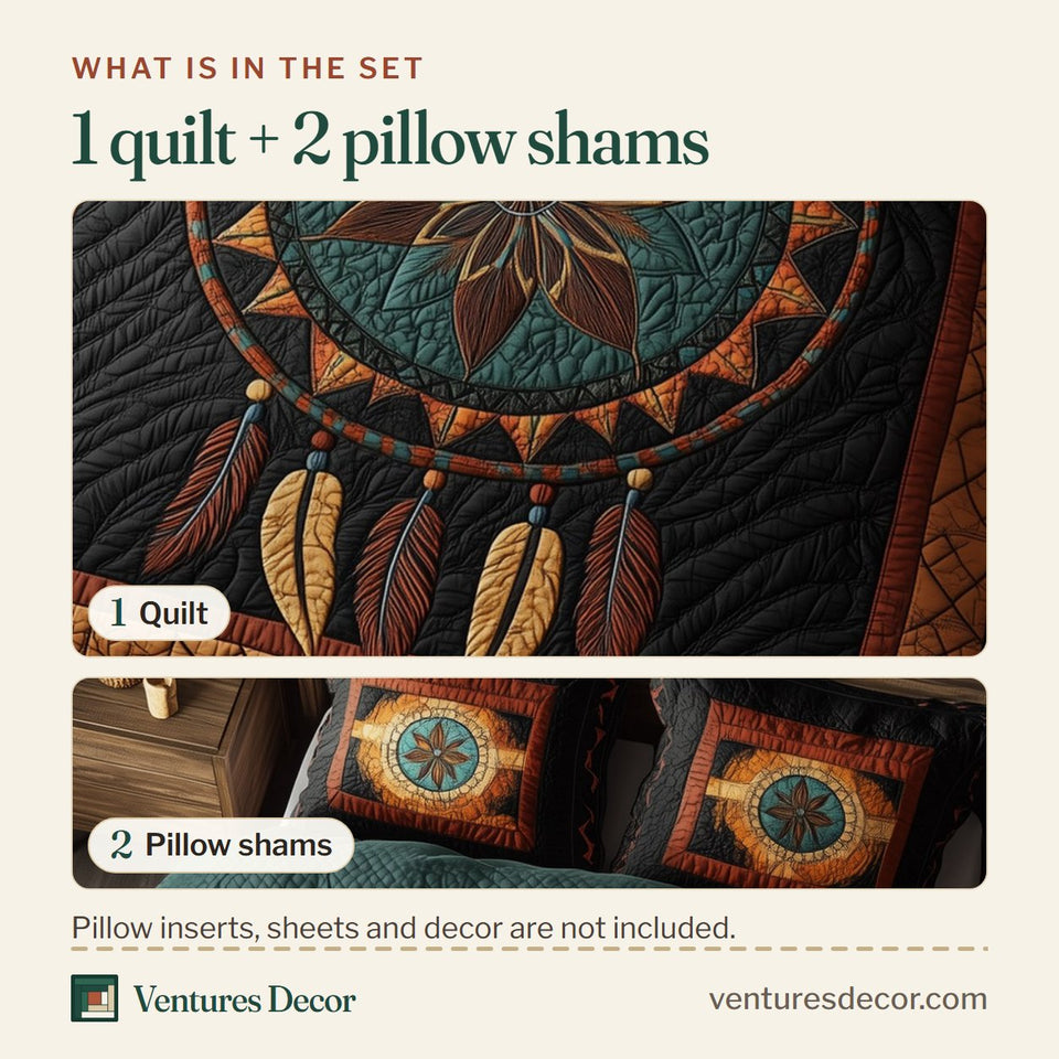 What is in the set: one quilt and two pillow shams, shown in the Spirit Guardian Teal Medallion Green Coverlet design