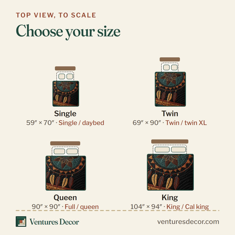 Size guide for the Spirit Guardian Teal Medallion Green Coverlet quilt, top view to scale: Single 59 x 70 in, Twin 69 x 90 in, Queen 90 x 90 in, King 104 x 94 in