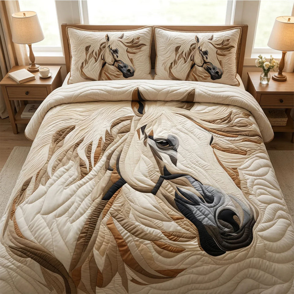Spirit Mane Ivory Steed quilted bedding set, quilt and two pillow shams on a made bed
