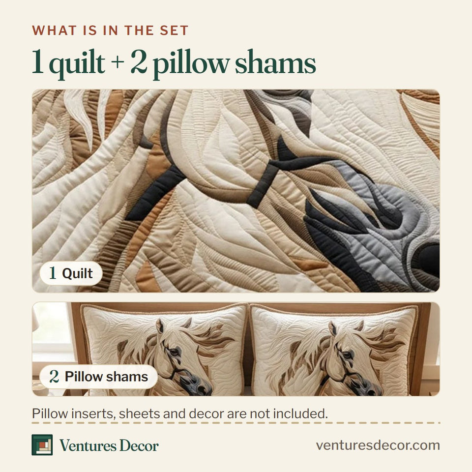 What is in the set: one quilt and two pillow shams, shown in the Spirit Mane Ivory Steed design