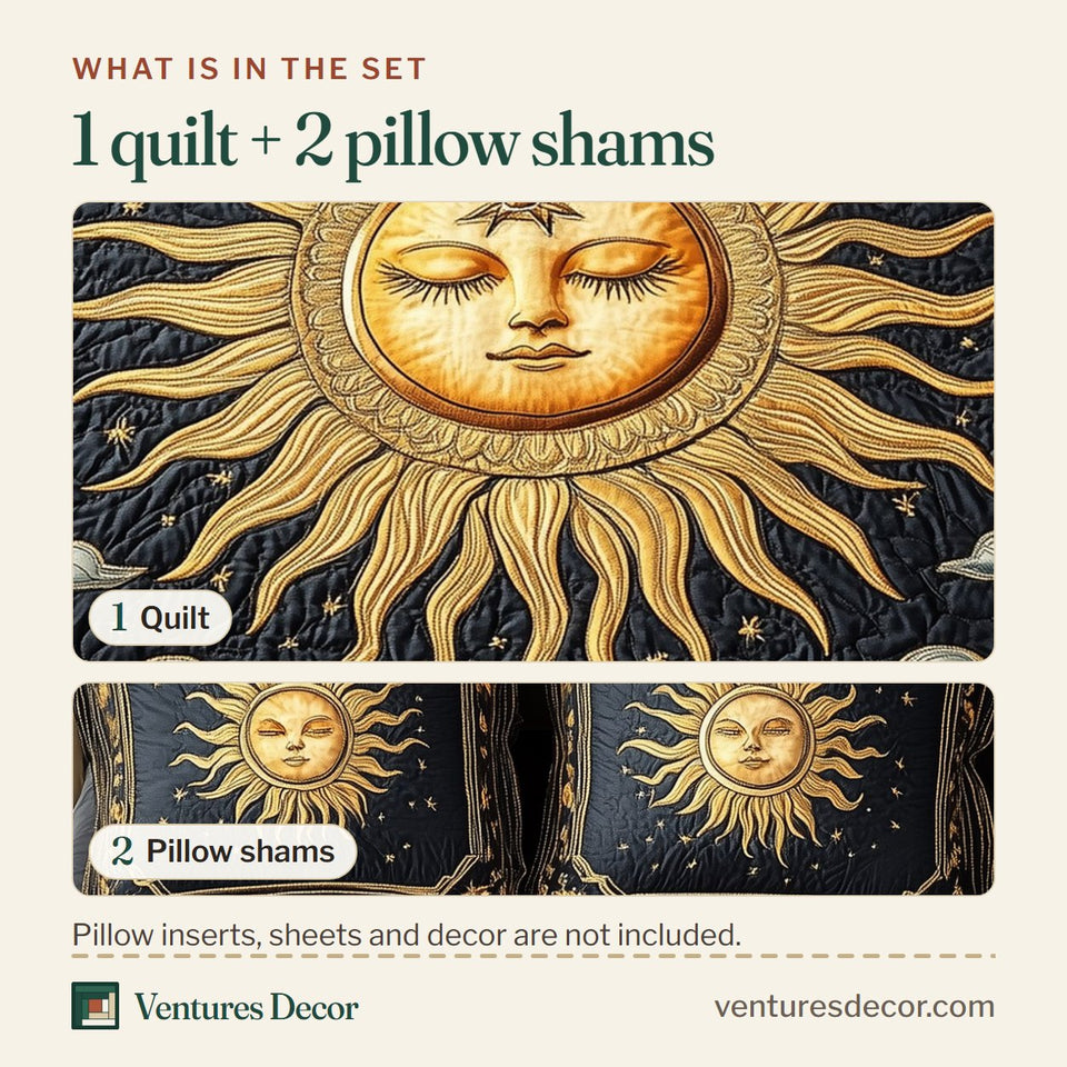What is in the set: one quilt and two pillow shams, shown in the Spirit Of The Sun Black and Gold Panel design