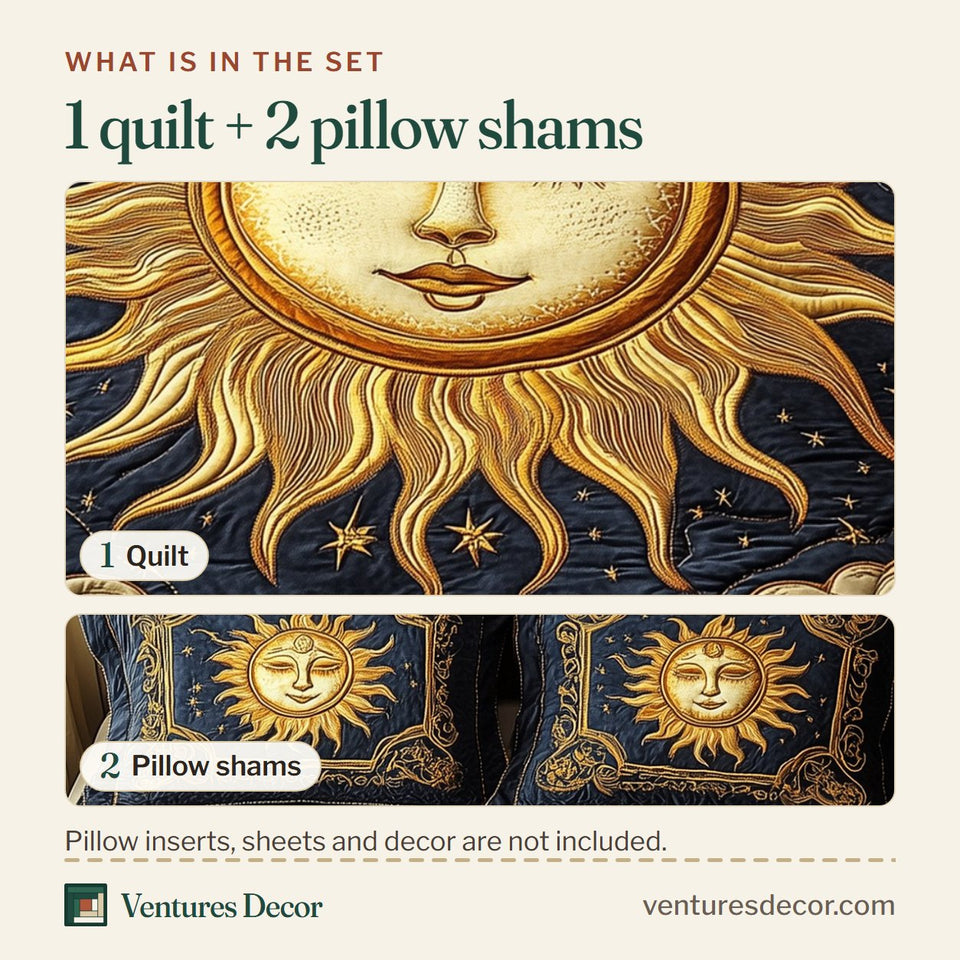 What is in the set: one quilt and two pillow shams, shown in the Spirit Of The Sun Ornate Gold Frame design