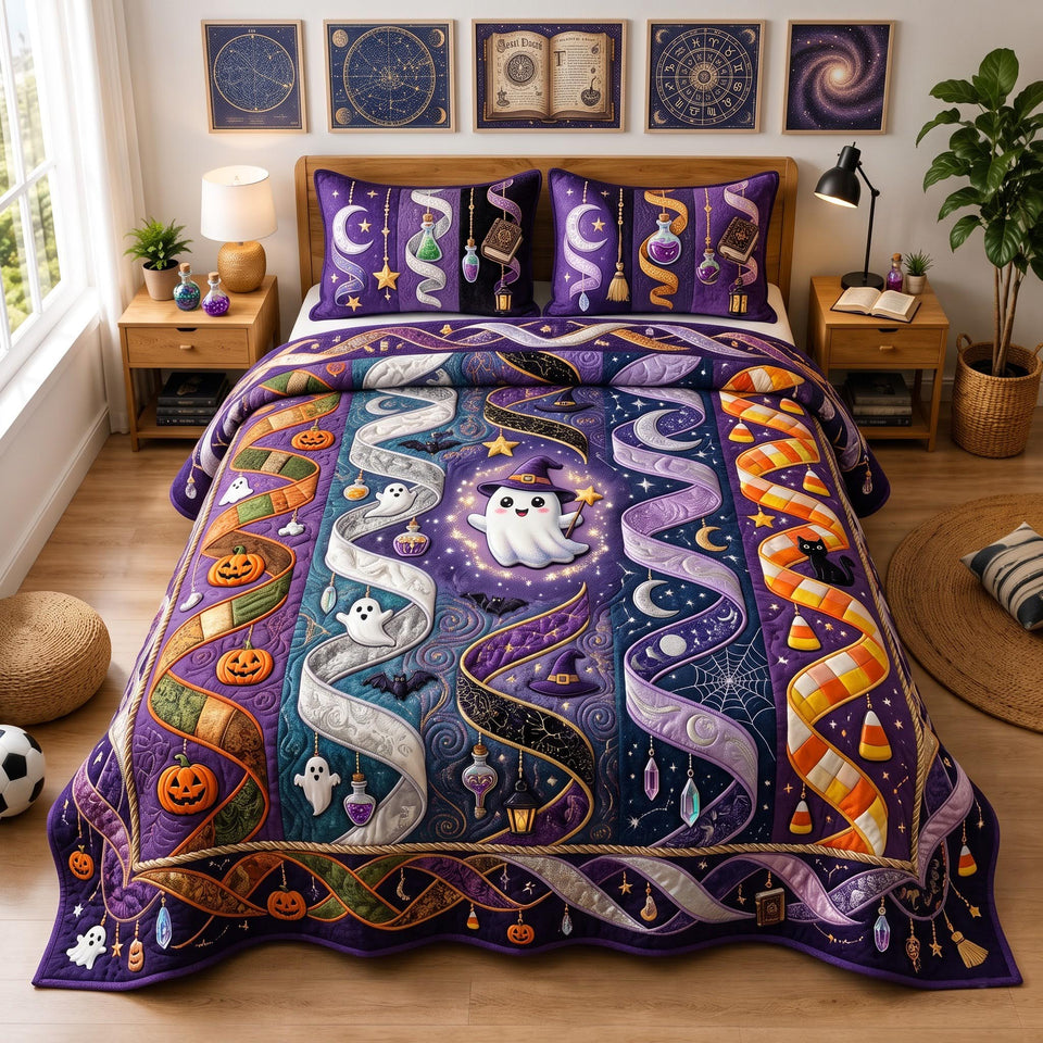 Spirit Path quilted bedding set, quilt and two pillow shams on a made bed
