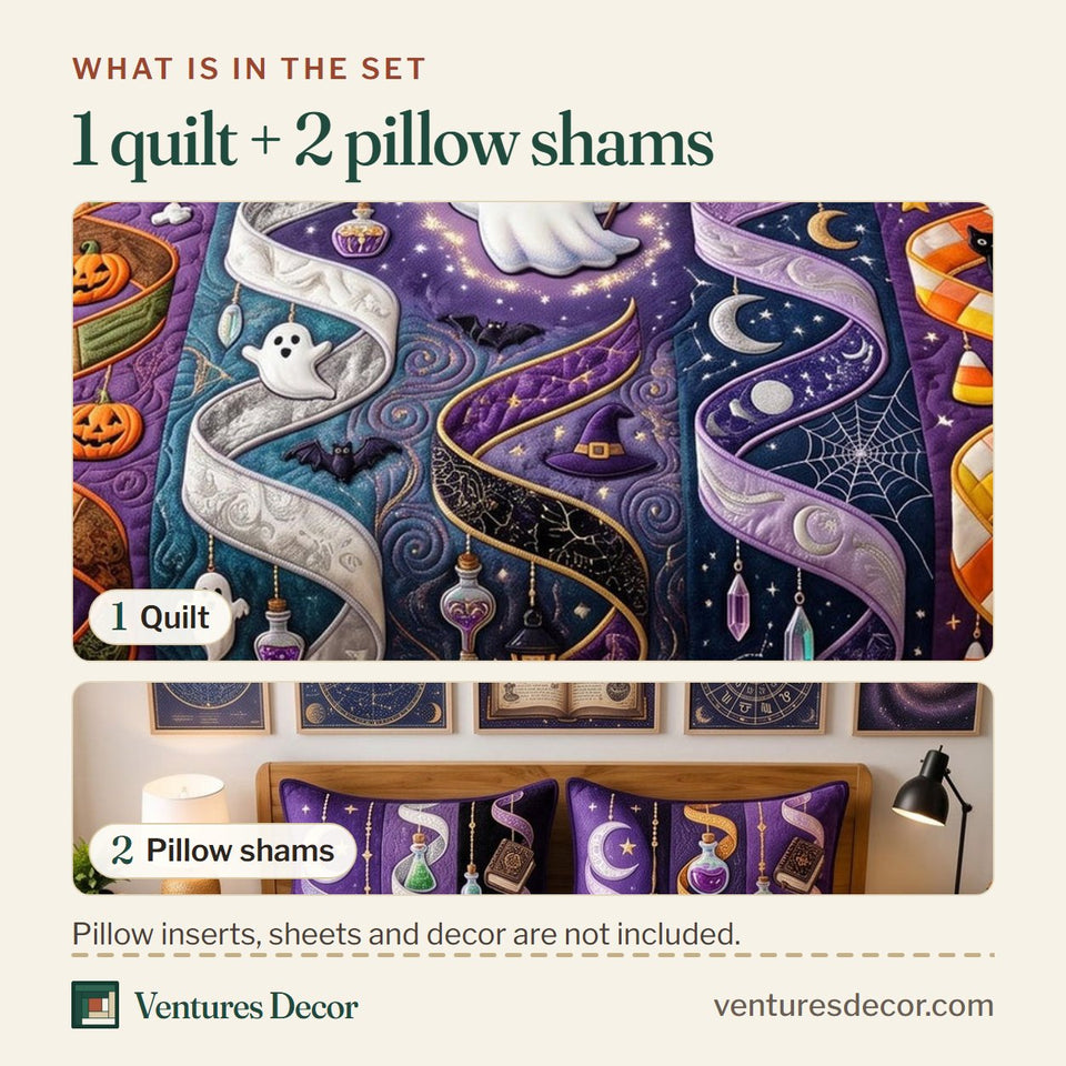 What is in the set: one quilt and two pillow shams, shown in the Spirit Path design