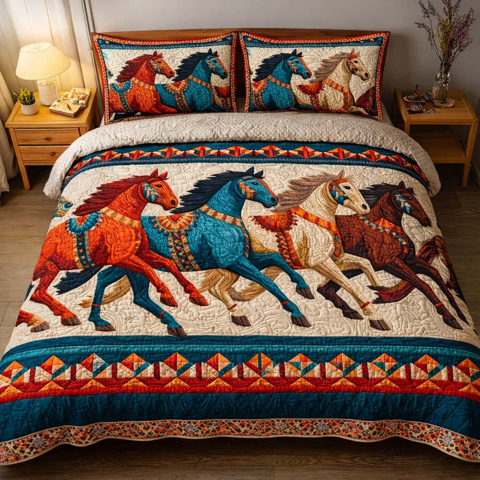 Spirit Run Painted Horses quilted bedding set, quilt and two pillow shams on a made bed