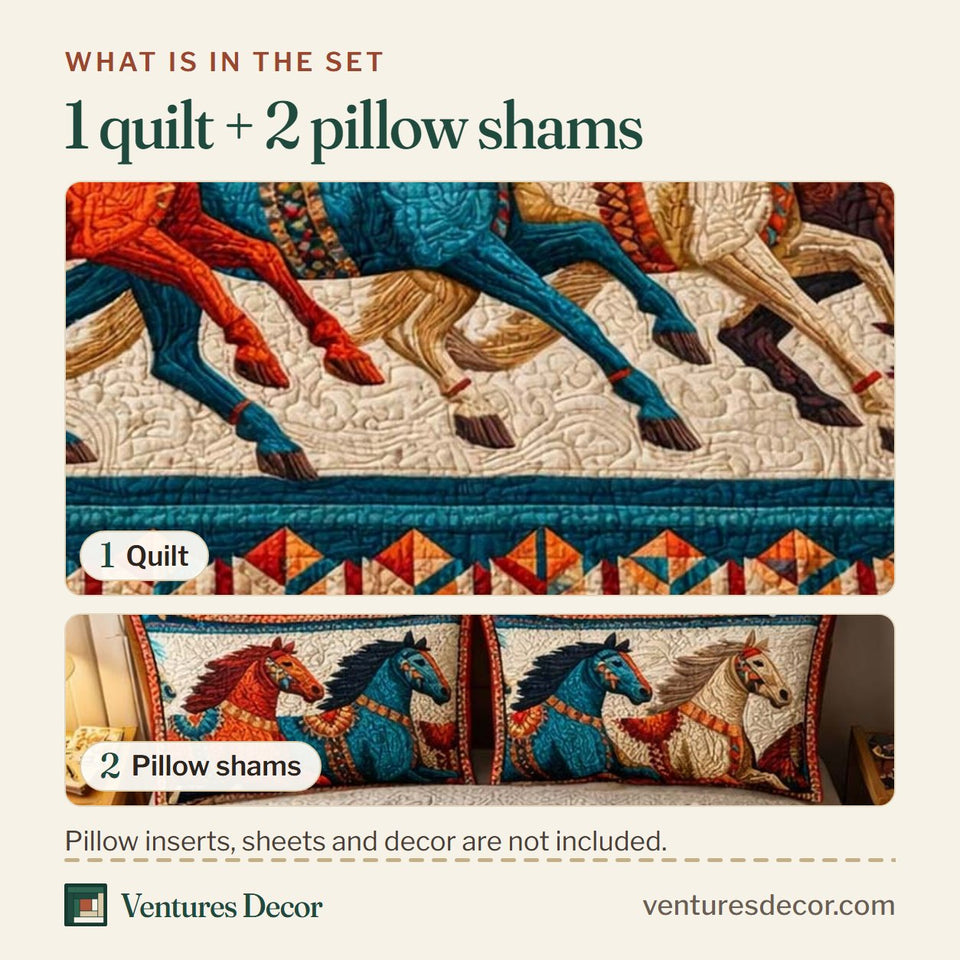 What is in the set: one quilt and two pillow shams, shown in the Spirit Run Painted Horses design