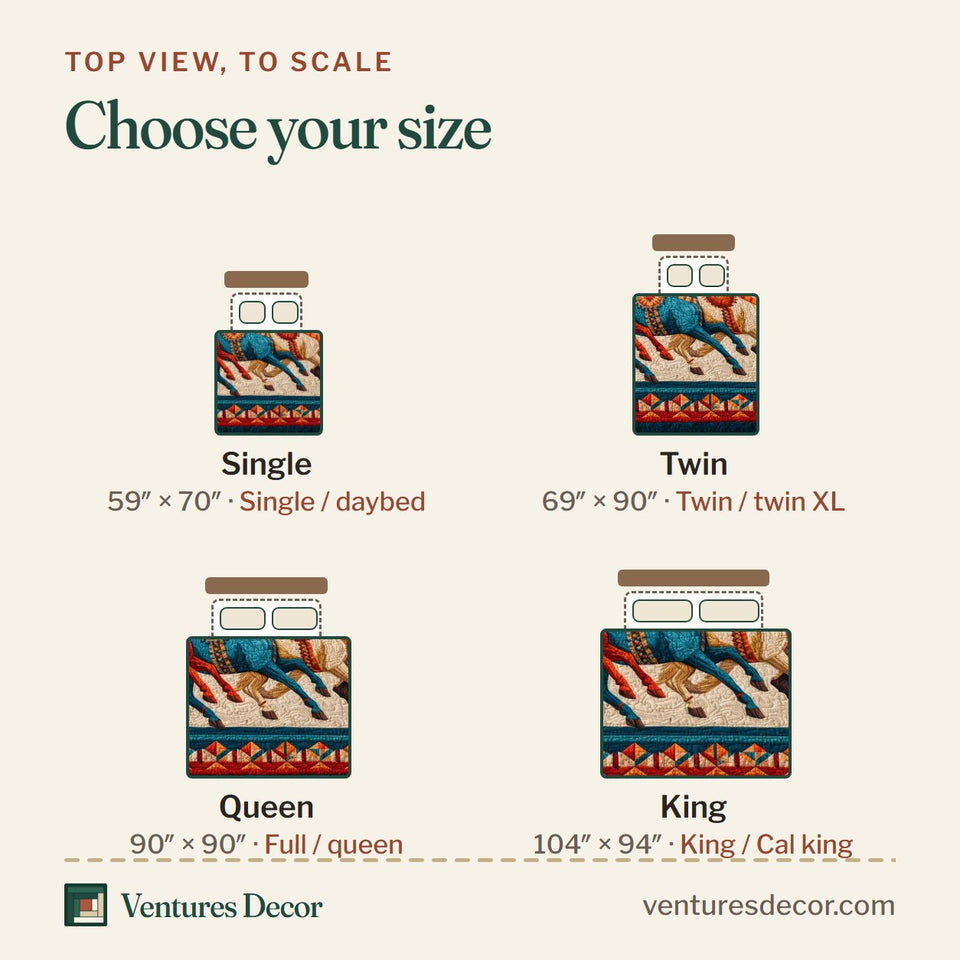 Size guide for the Spirit Run Painted Horses quilt, top view to scale: Single 59 x 70 in, Twin 69 x 90 in, Queen 90 x 90 in, King 104 x 94 in