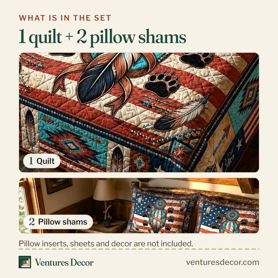 What is in the set: one quilt and two pillow shams, shown in the Spirit Trails design