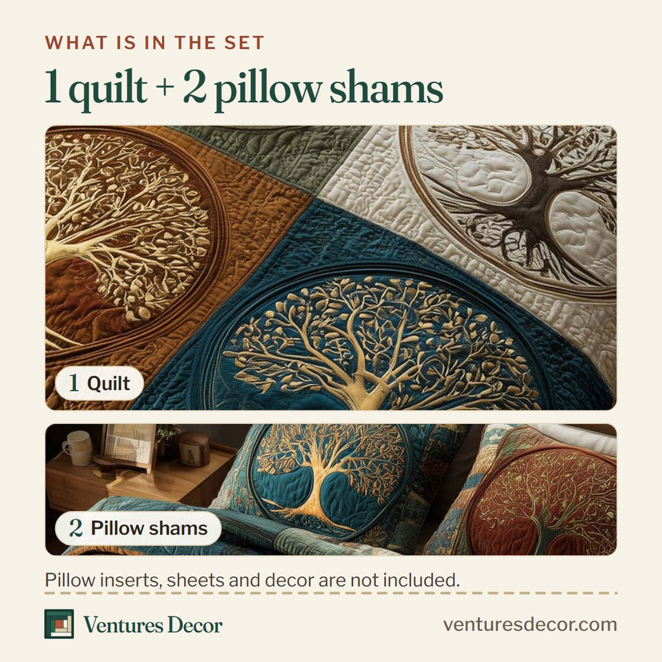 What is in the set: one quilt and two pillow shams, shown in the Spirit Trunk Four Panel Teal Sampler design