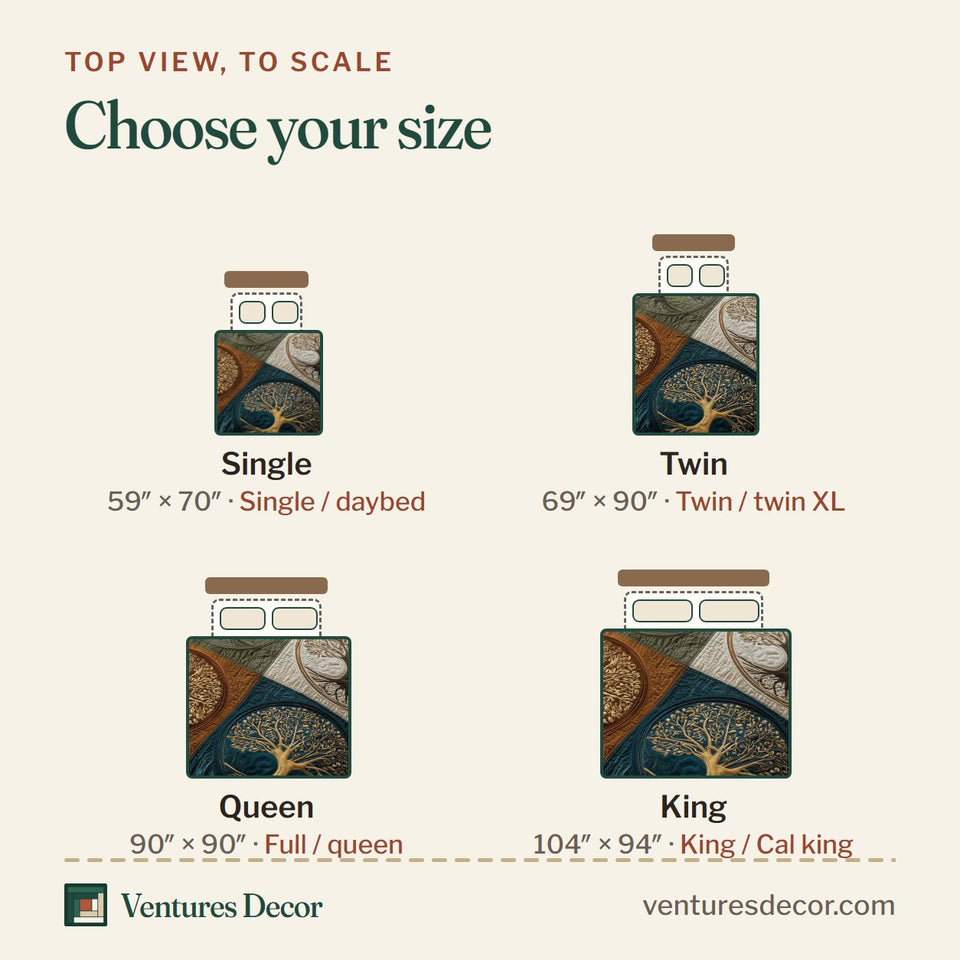 Size guide for the Spirit Trunk Four Panel Teal Sampler quilt, top view to scale: Single 59 x 70 in, Twin 69 x 90 in, Queen 90 x 90 in, King 104 x 94 in