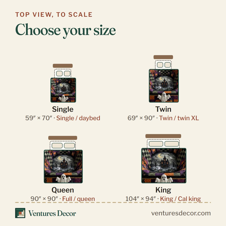 Size guide for the Spooky Dreams quilt, top view to scale: Single 59 x 70 in, Twin 69 x 90 in, Queen 90 x 90 in, King 104 x 94 in