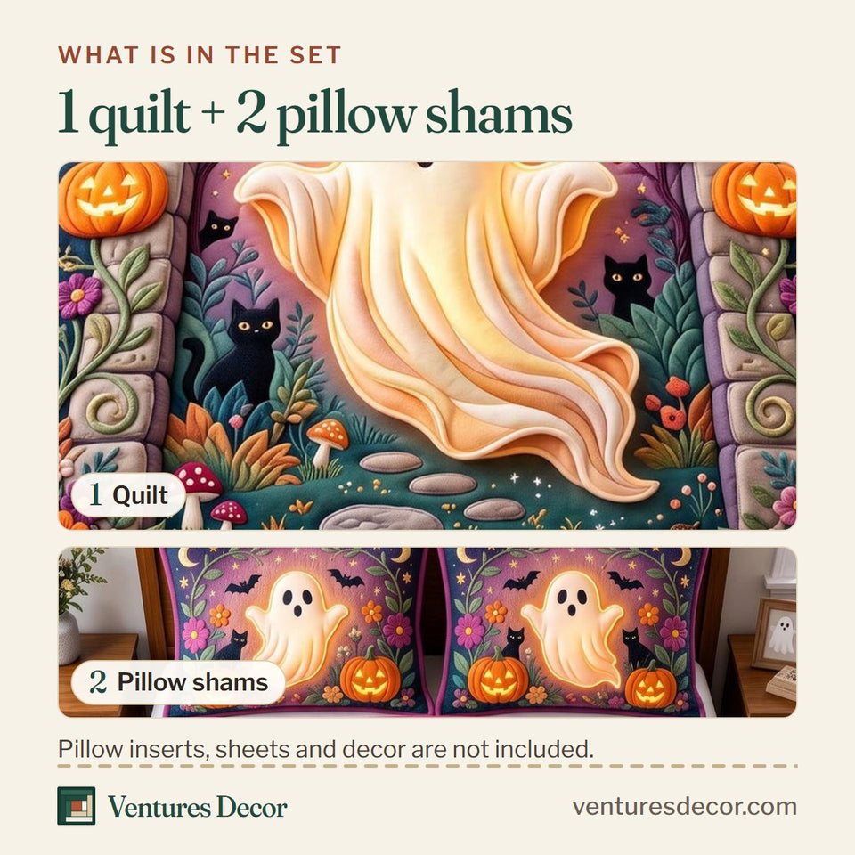 What is in the set: one quilt and two pillow shams, shown in the Spooky Ghost design