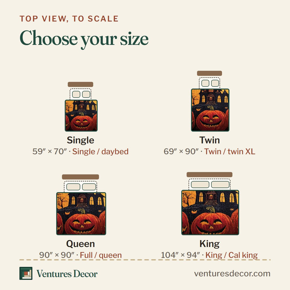 Size guide for the Spooky House Golden Moon Lantern Trio quilt, top view to scale: Single 59 x 70 in, Twin 69 x 90 in, Queen 90 x 90 in, King 104 x 94 in