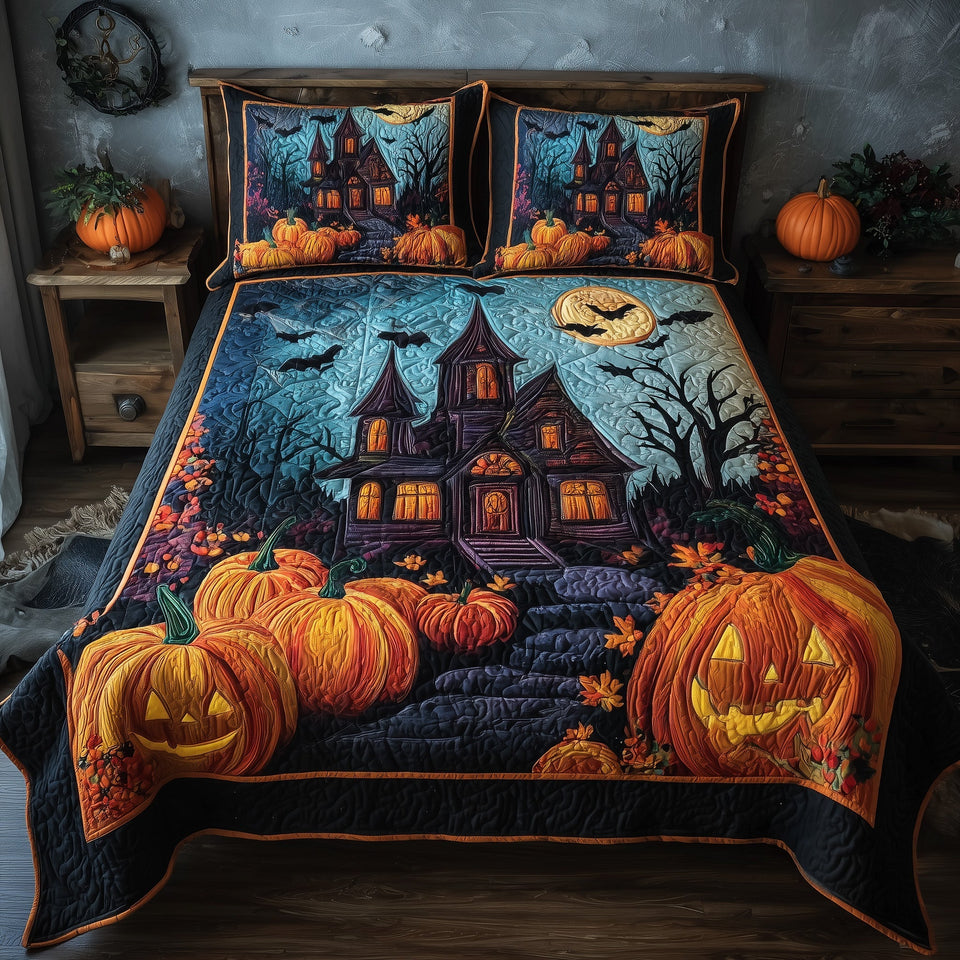 Spooky Manor Glowing Window Moonrise quilted bedding set, quilt and two pillow shams on a made bed