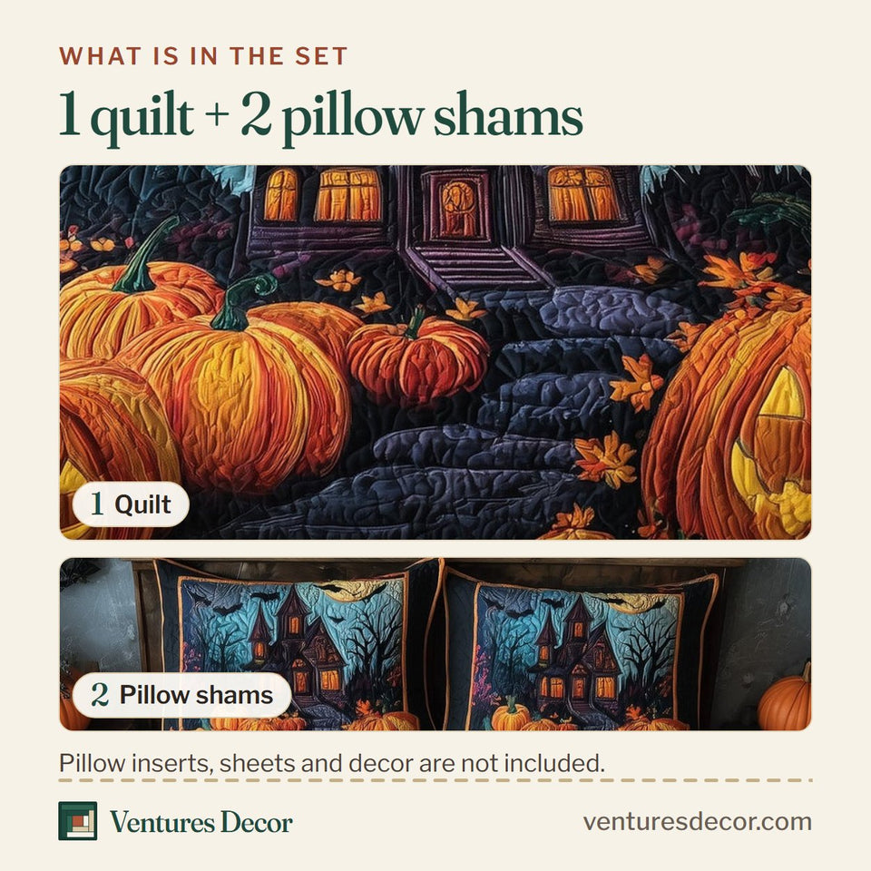 What is in the set: one quilt and two pillow shams, shown in the Spooky Manor Glowing Window Moonrise design