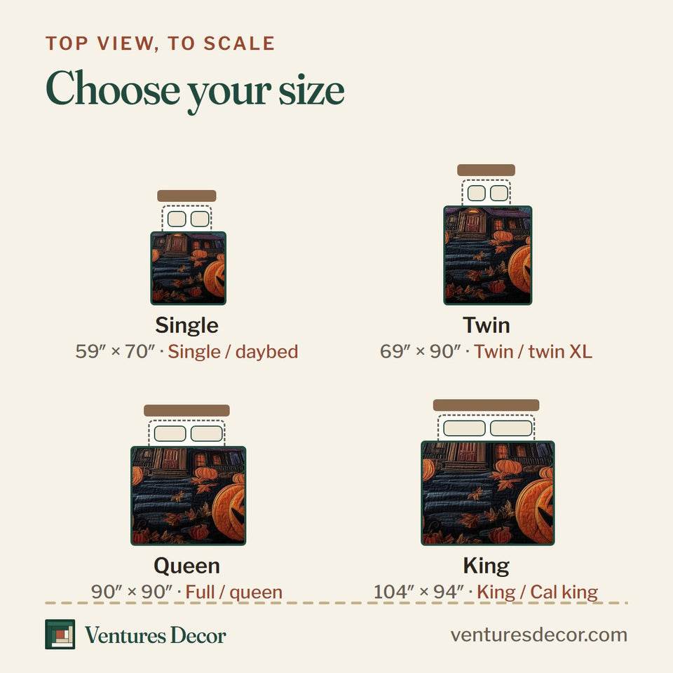 Size guide for the Spooky Manor Teal Night Ghost quilt, top view to scale: Single 59 x 70 in, Twin 69 x 90 in, Queen 90 x 90 in, King 104 x 94 in