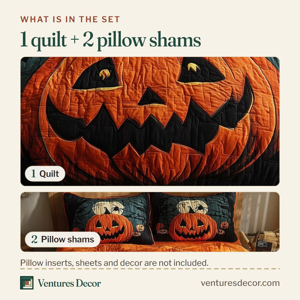 What is in the set: one quilt and two pillow shams, shown in the Spooky Night Spider Moon design