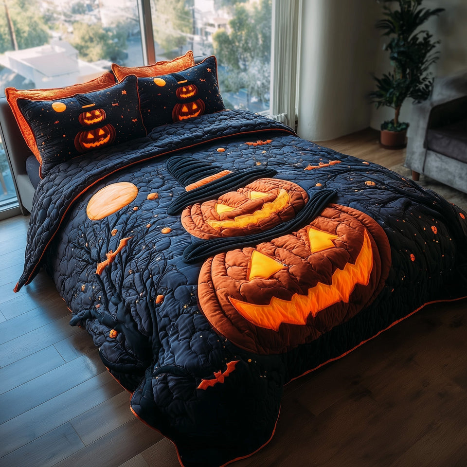 Spooky Nights Blue Moon Lantern Glow quilted bedding set, quilt and two pillow shams on a made bed