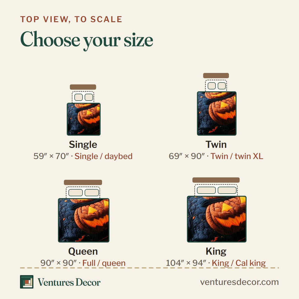 Size guide for the Spooky Nights Blue Moon Lantern Glow quilt, top view to scale: Single 59 x 70 in, Twin 69 x 90 in, Queen 90 x 90 in, King 104 x 94 in