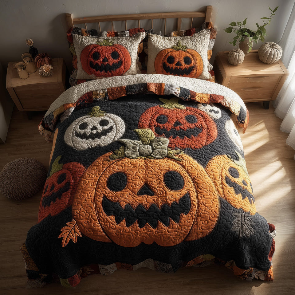 Spooky Pumpkin Grinning Trio on Charcoal quilted bedding set, quilt and two pillow shams on a made bed