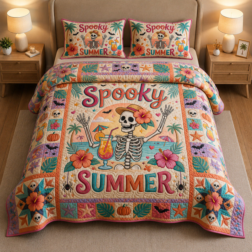 Spooky Summer Skeleton with Cocktail quilted bedding set, quilt and two pillow shams on a made bed