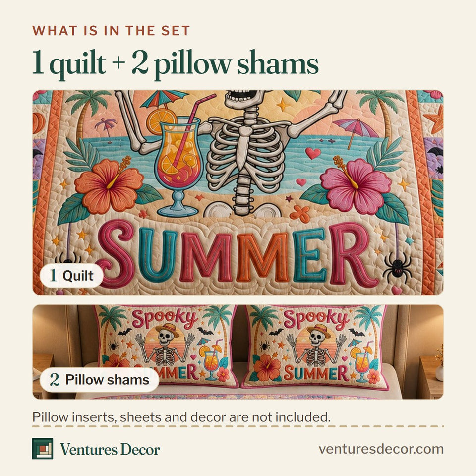 What is in the set: one quilt and two pillow shams, shown in the Spooky Summer Skeleton with Cocktail design