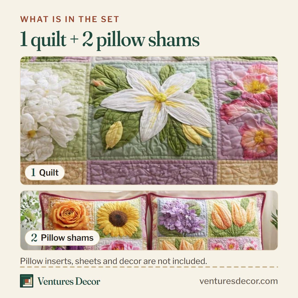 What is in the set: one quilt and two pillow shams, shown in the Spring Bloom Garden Squares design