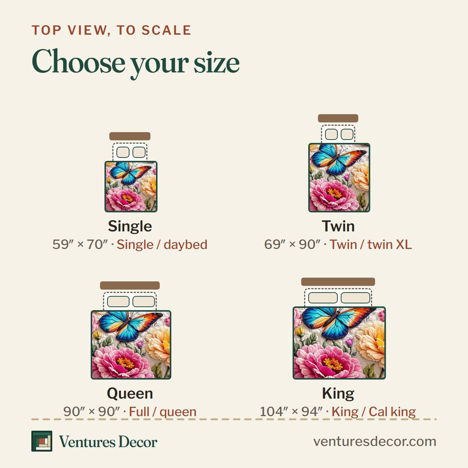 Size guide for the Spring Butterflies quilt, top view to scale: Single 59 x 70 in, Twin 69 x 90 in, Queen 90 x 90 in, King 104 x 94 in
