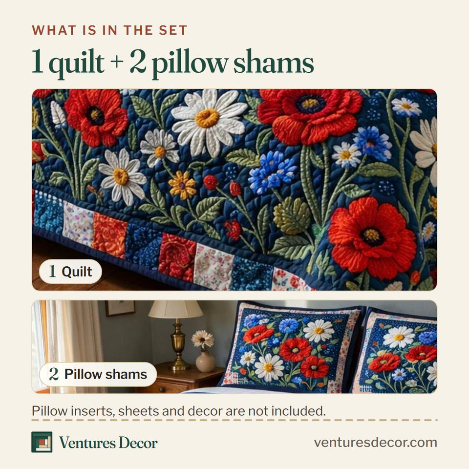 What is in the set: one quilt and two pillow shams, shown in the Spring Flowers design