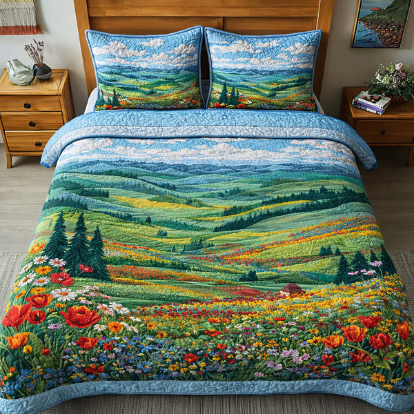 Spring Hills quilted bedding set, quilt and two pillow shams on a made bed