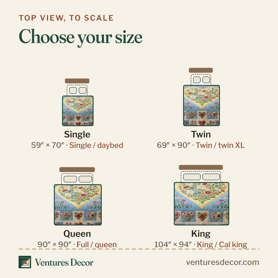 Size guide for the Spring Meadow Heart Wreath quilt, top view to scale: Single 59 x 70 in, Twin 69 x 90 in, Queen 90 x 90 in, King 104 x 94 in