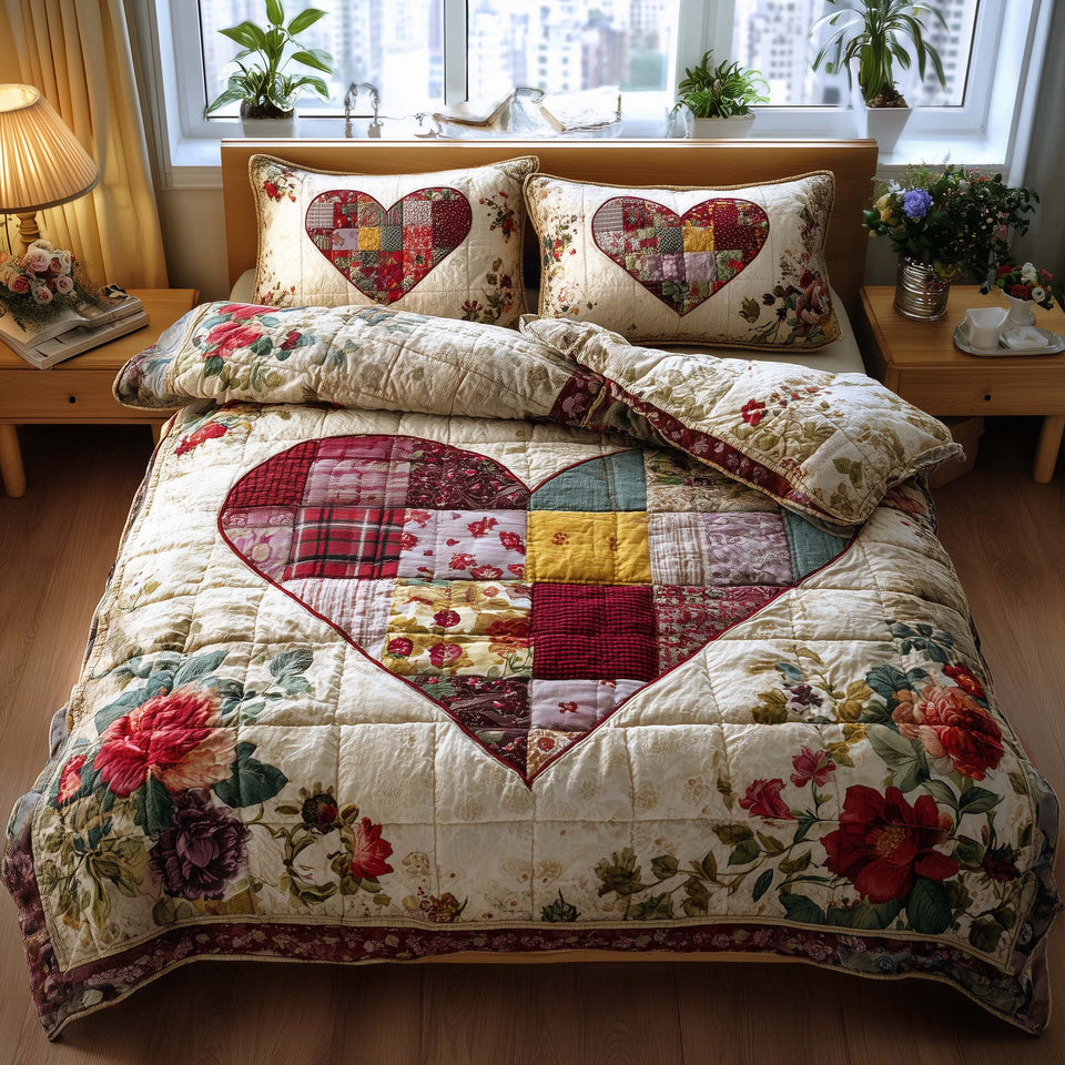Spring Patch Big Patchwork Heart quilted bedding set, quilt and two pillow shams on a made bed