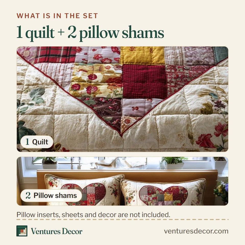 What is in the set: one quilt and two pillow shams, shown in the Spring Patch Big Patchwork Heart design